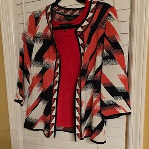 Ming Wang Pink and Black Geometric Cardigan Sweater And Top